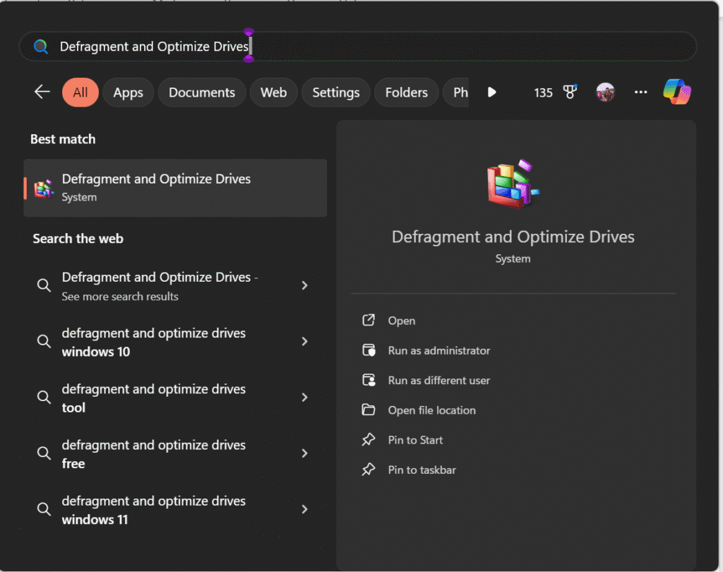 Windows search showing Defragment and Optimize Drives option in Windows 10/11