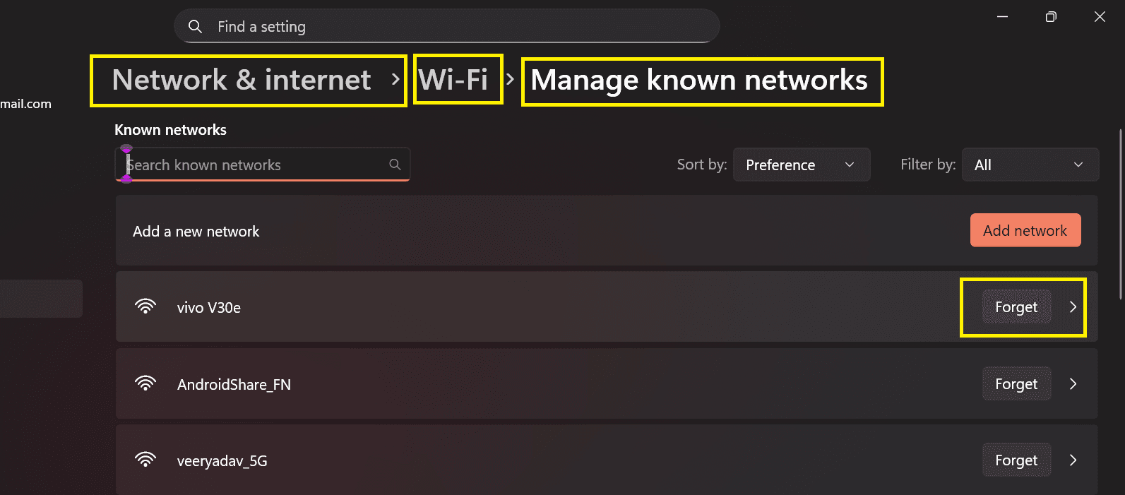 Forget and Reconnect Wi-Fi network in Windows 10/11 to fix Wi-Fi Not Connecting / No Internet