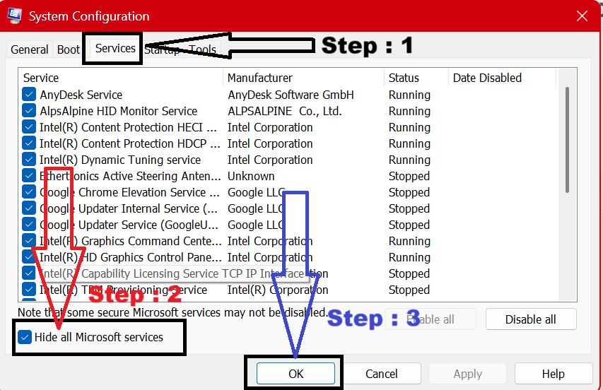 Hide all Microsoft services in System Configuration services tab Windows 10/11