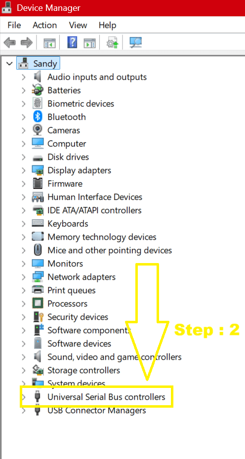 Update USB drivers using Device Manager in Windows
