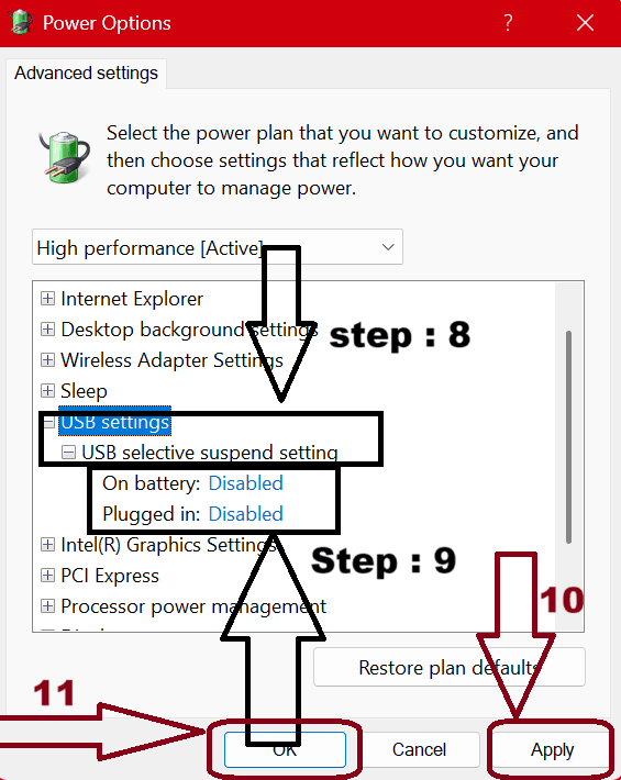 Step: 8, 9... Turn off USB Selective Suspend in Power Settings to fix USB device not recognized error