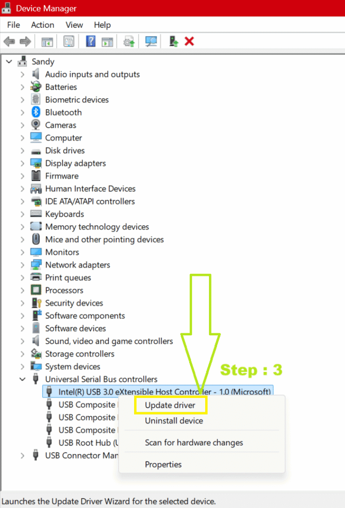 Step: 3A Windows Device Manager window showing the option to update USB drivers. Updating outdated, missing, or corrupt USB drivers is a common solution to fix the USB device not recognized error in Windows 10 and Windows 11.