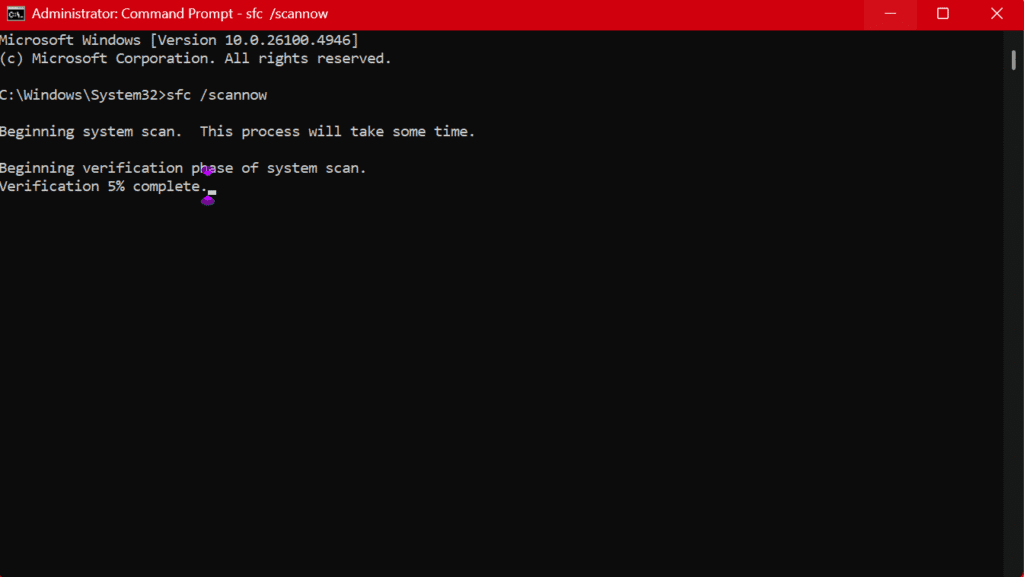 SFC commands running in Command Prompt to repair corrupted Windows system files