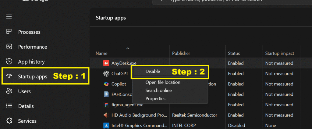 Windows 11 25H2 Task Manager Startup tab showing unnecessary apps for slow PC fix