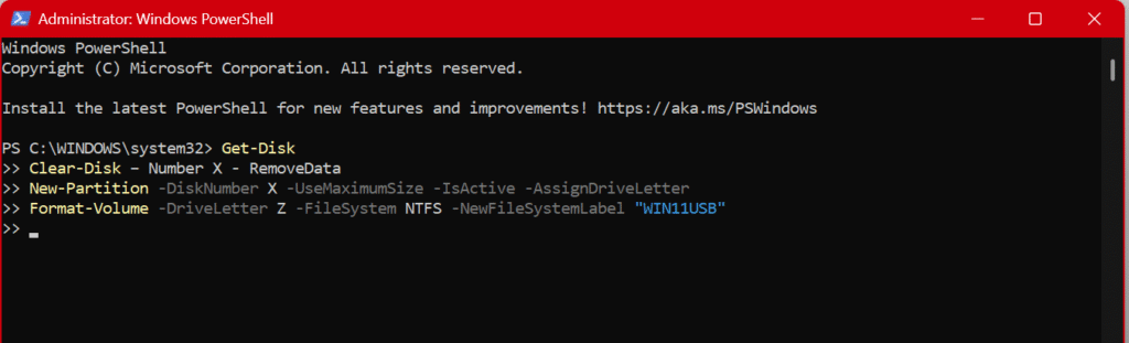 PowerShell commands to create Windows 11 25H2 bootable USB drive