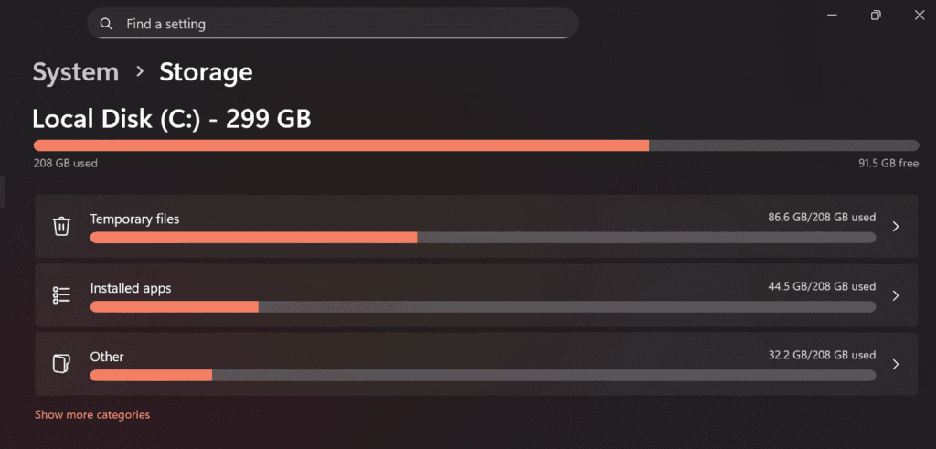 Windows 11 Storage usage chart with categories to Check Folder Size in Windows 11