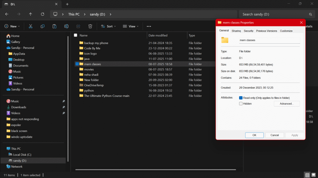 Windows 11 Folder Properties window showing how to Check Folder Size in Windows 11