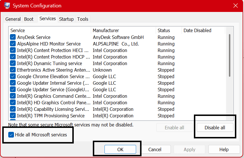 System Configuration window with Hide Microsoft services option enabled to fix Windows Explorer Not Responding