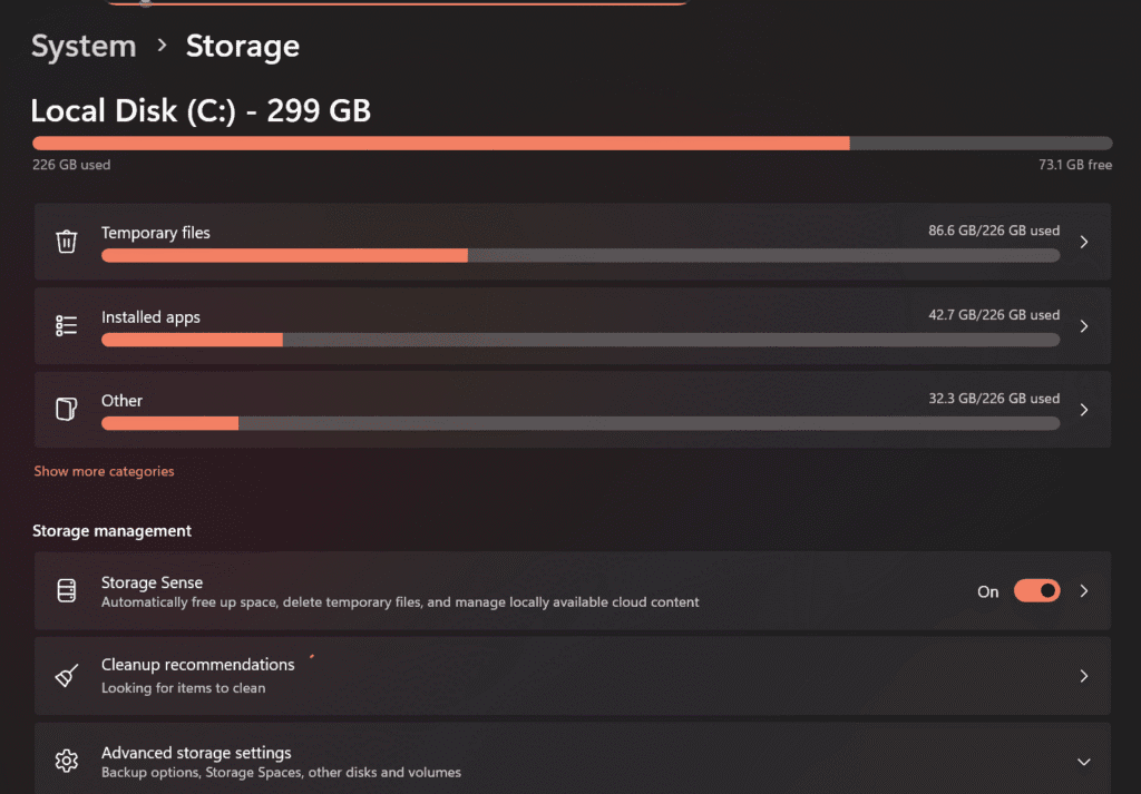 Windows Storage Sense settings to free up disk space automatically