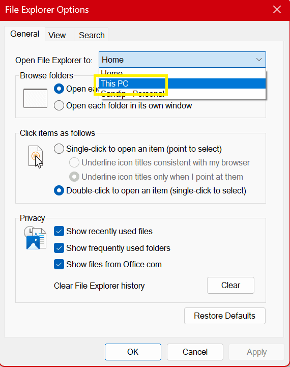 Disable Quick Access feature in File Explorer Options to fix Windows Explorer Not Responding in Windows 10/11