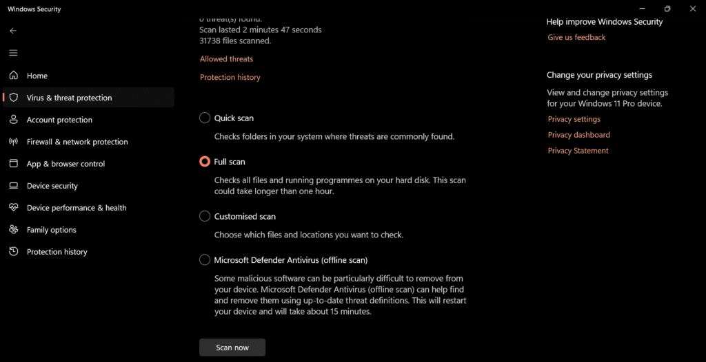 Windows Defender scan running to fix malware causing Apps Not Responding issue