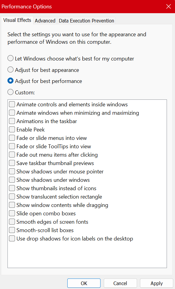 Windows 11 25H2 Performance Options showing Visual Effects settings for slow PC fix
