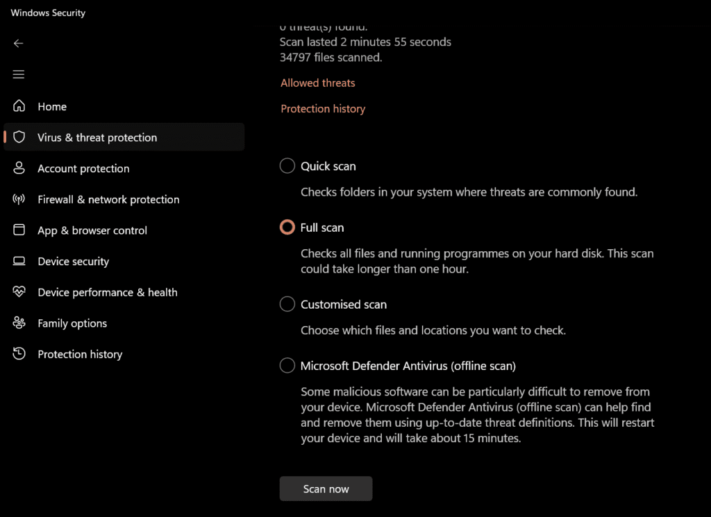 Windows 11 25H2 Windows Security full scan for malware and corrupted files to fix slow PC