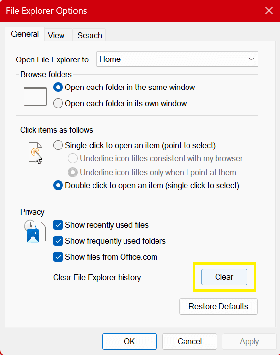 Fix Windows Explorer Not Responding by clearing File Explorer history in Windows 10/11