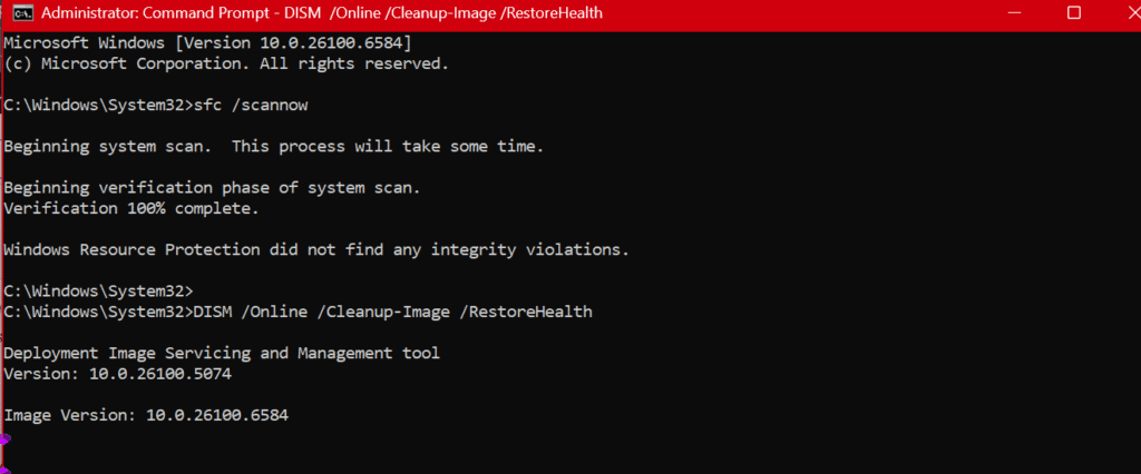 DISM commands running in Command Prompt to repair and restore the Windows system image
