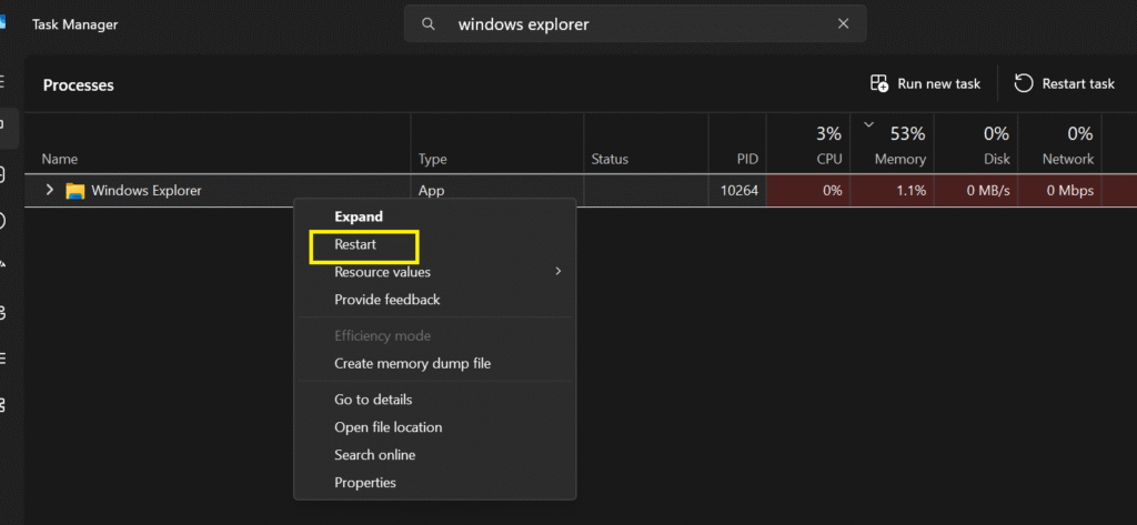 Fix Windows Explorer Not Responding by restarting Windows Explorer from Task Manager in Windows 10/11