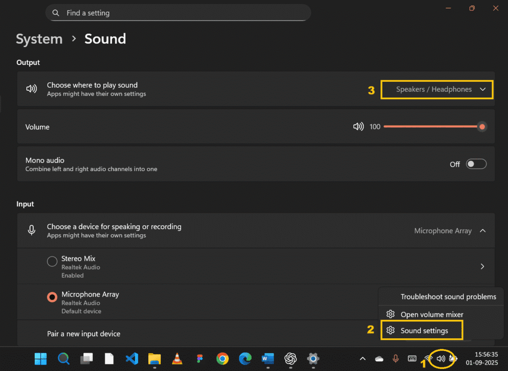 Select correct sound output device in Windows to fix Sound Not Working