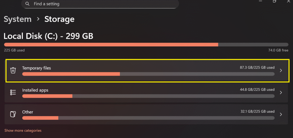 Windows 11 25H2 Storage settings showing Temporary Files cleanup for slow PC fix