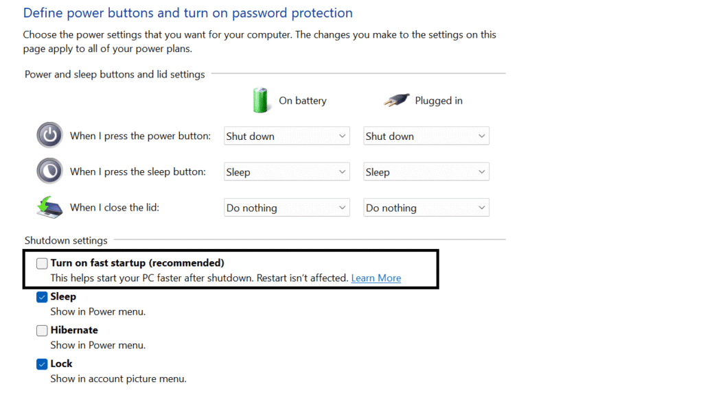 Disable Fast Startup to fix Black Screen Problem in Windows 10/11