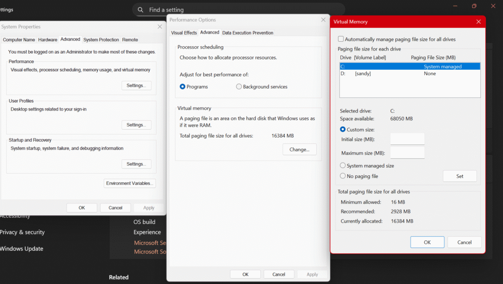 Windows Virtual Memory settings to fix Apps Not Responding issue