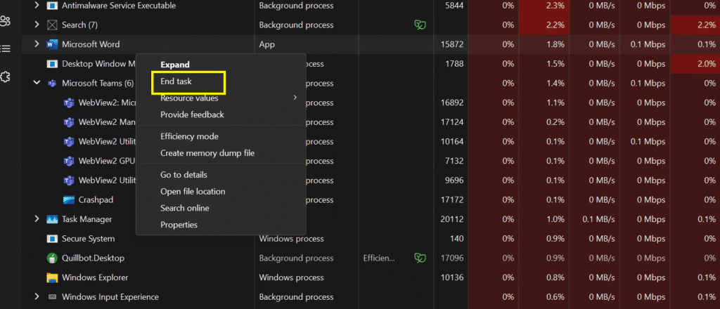 Task Manager End Task option highlighted to fix Apps Not Responding error