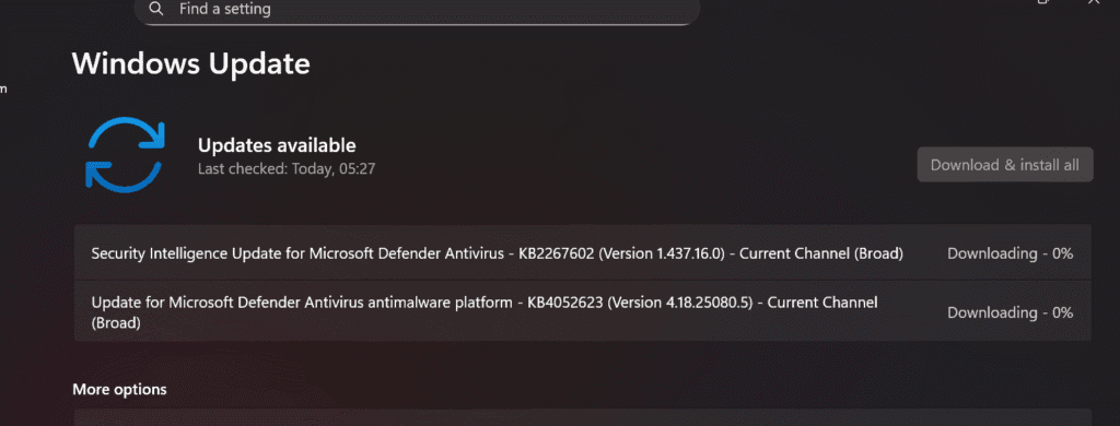 Windows Update page in Windows 11 25H2 for slow PC fix showing available updates