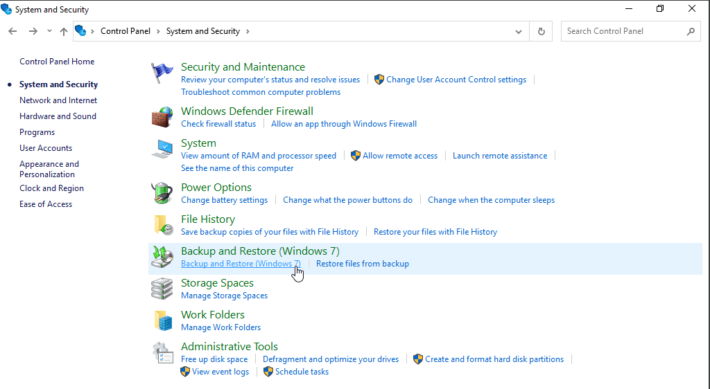 Windows 10 Control Panel showing Backup and Restore (Windows 7) option for Full Backup in Windows 10
