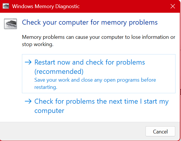 Screenshot of Windows Memory Diagnostic tool checking RAM for errors in Windows 10