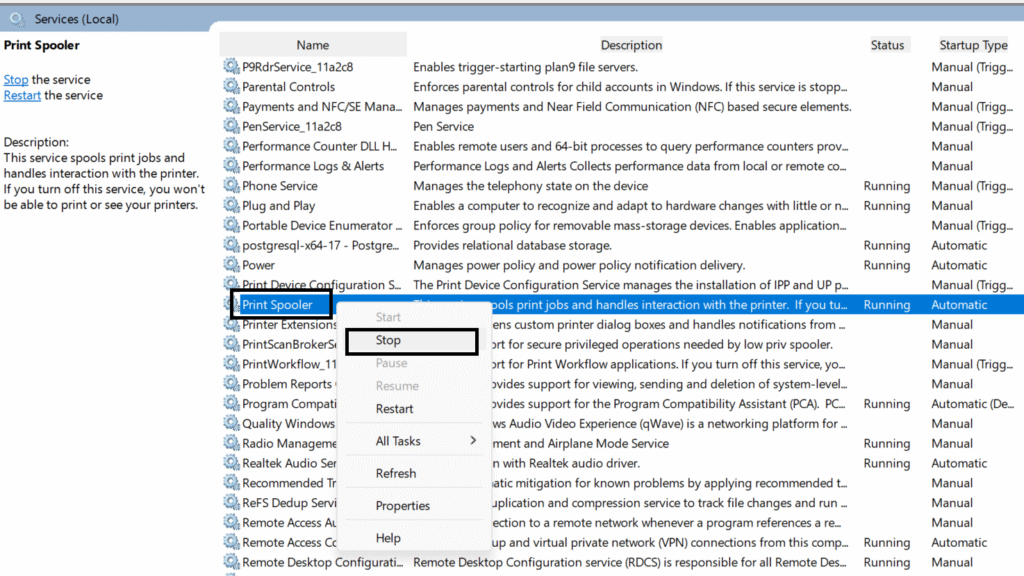 Fix Printer Not Working by clearing print spooler in Windows 10/11
