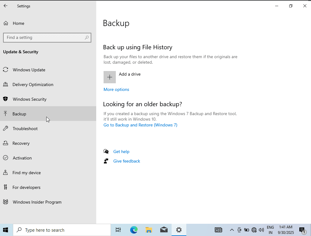Windows 10 settings showing Click Add a Drive option for creating Full Backup in Windows 10