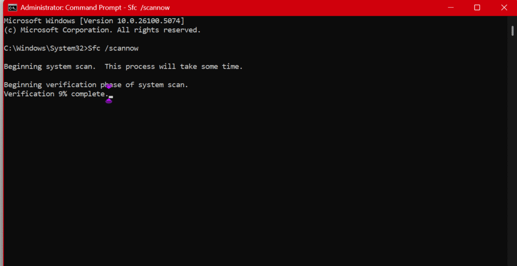 Command Prompt running SFC and DISM scan to repair Windows system files