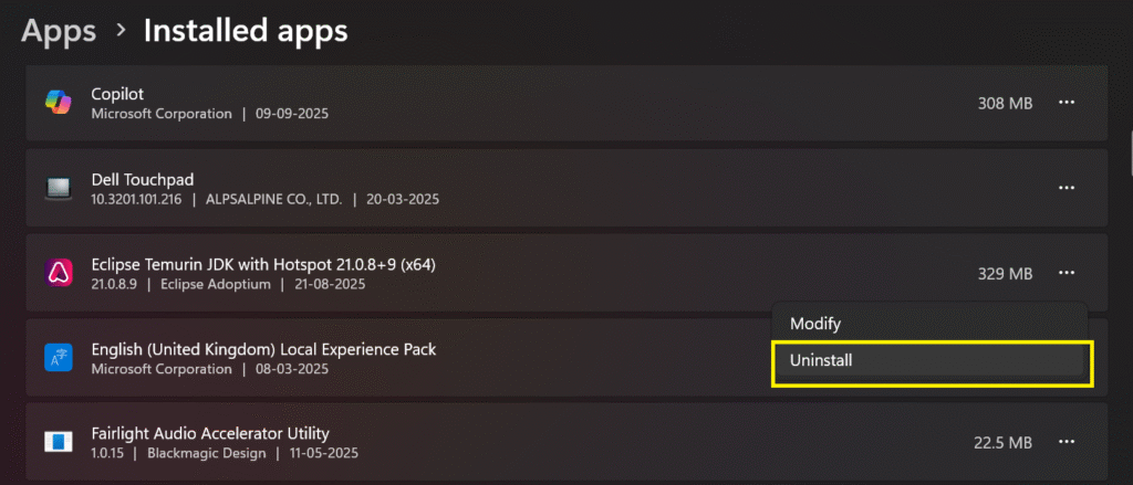 Windows Apps and Features uninstall screen to fix Apps Not Responding issue