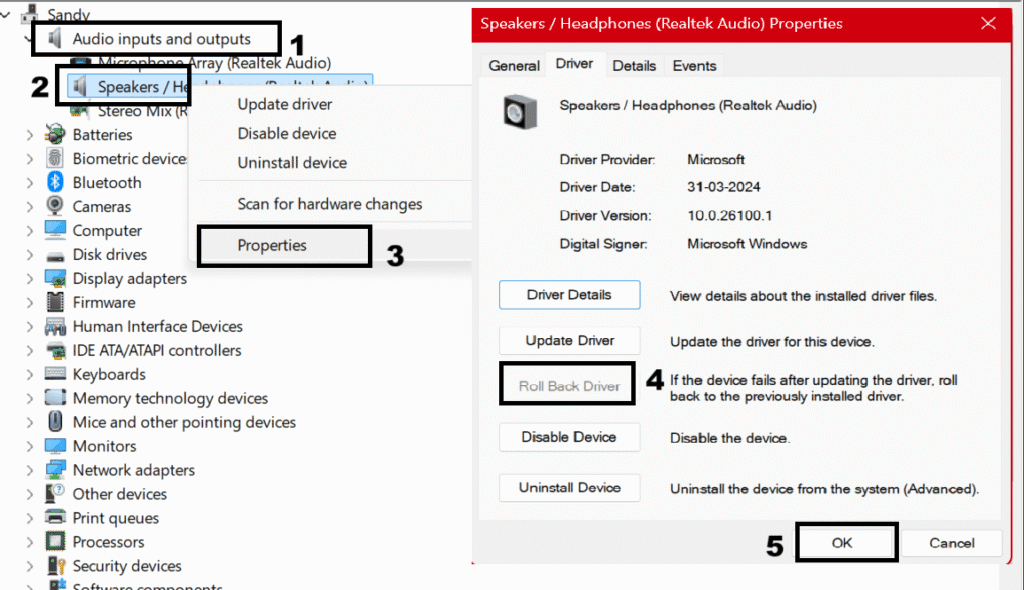 Roll back audio driver to fix Sound Not Working after update