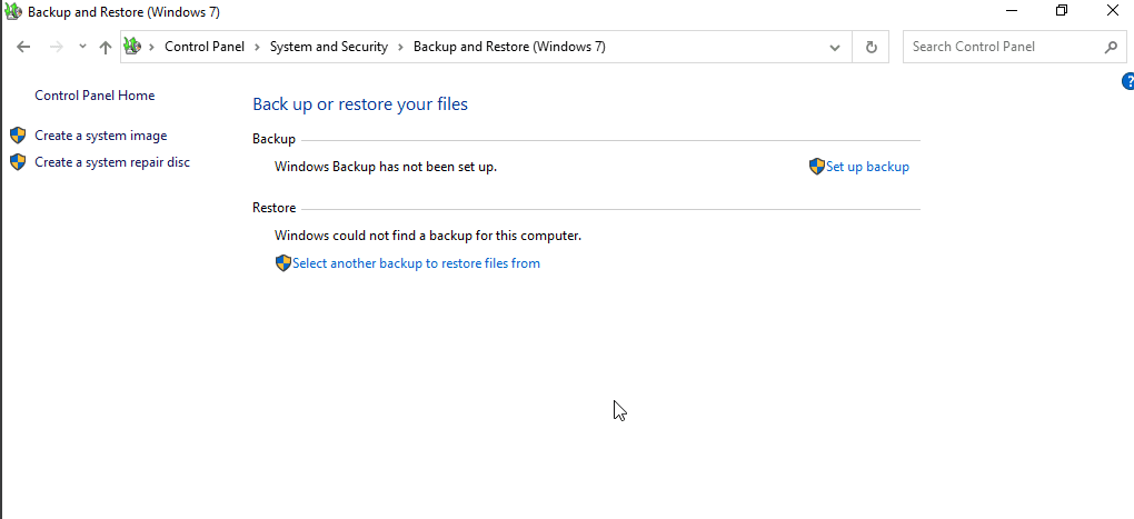 Windows 10 Backup and Restore (Windows 7) tool showing Create a System Image option for Full Backup in Windows 10