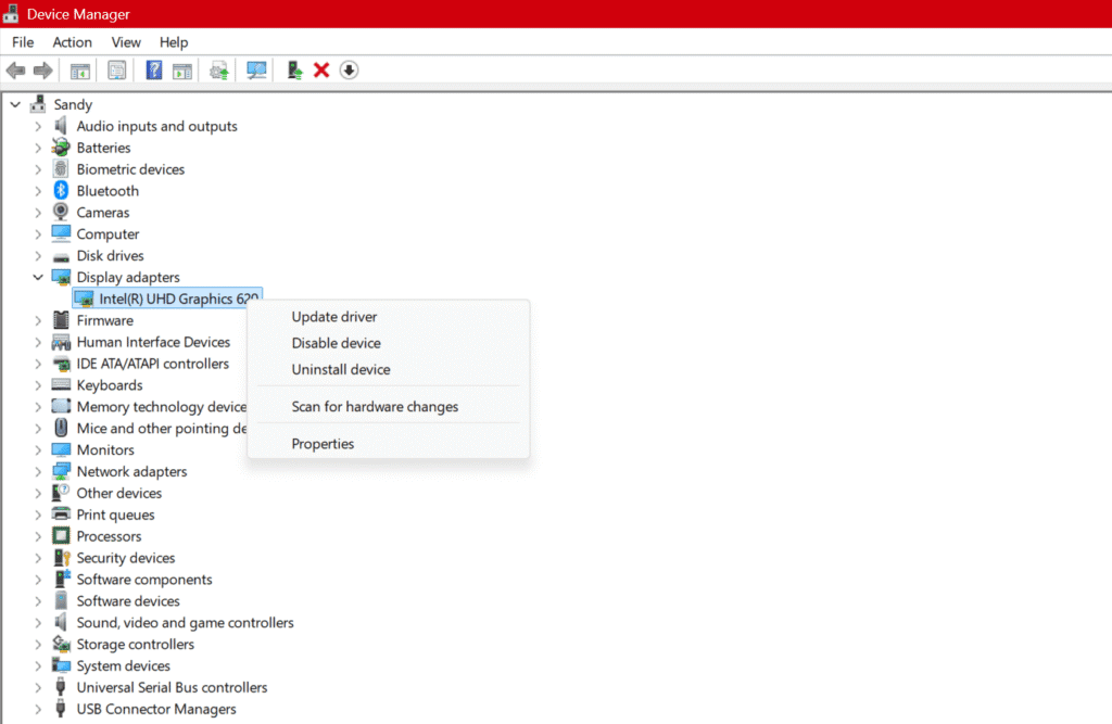 Device Manager in Windows 11 25H2 showing how to update device drivers for slow PC fix