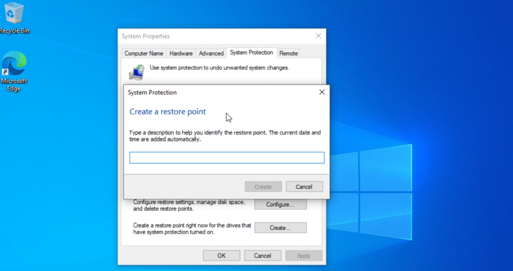 Windows 10 System Restore window showing Name the Restore Point option for Full Backup in Windows 10