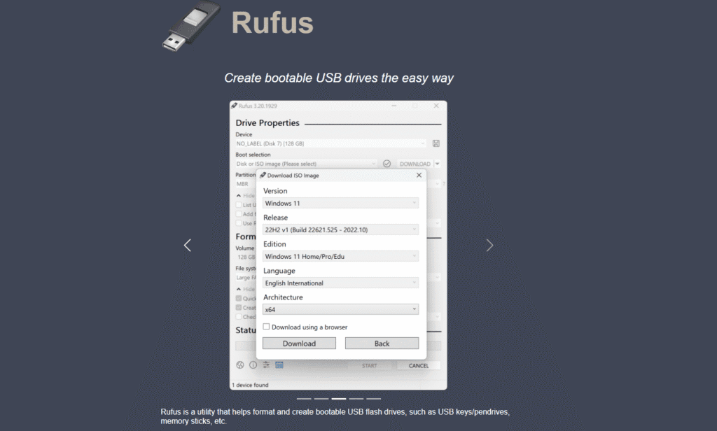 Rufus homepage for downloading tool to create Windows 11 25H2 bootable USB