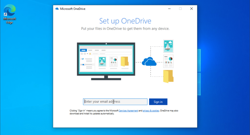 Windows 10 OneDrive setup screen for creating a Full Backup in Windows 10 to the cloud
