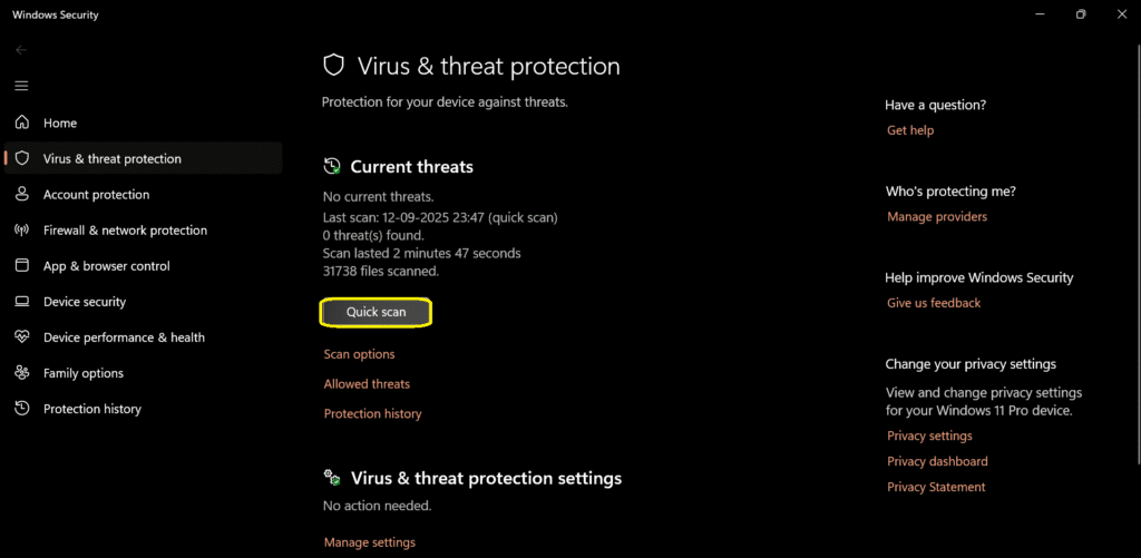 Run Quick Scan in Windows Security Defender to fix Windows Explorer Not Responding in Windows 10/11