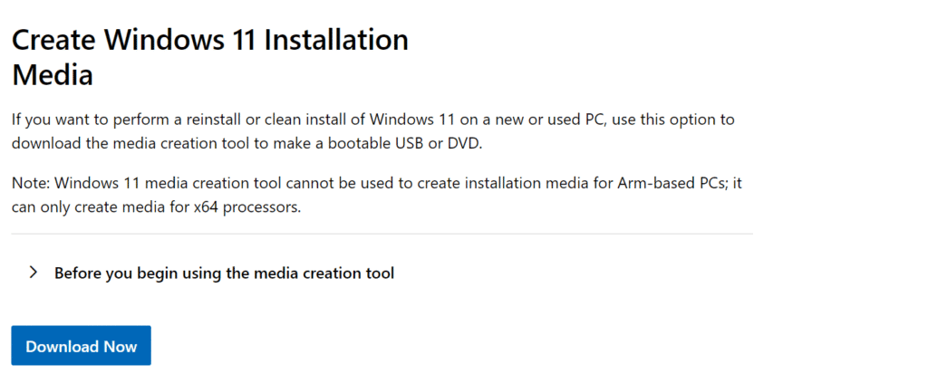 Windows 11 Media Creation Tool download page for creating Windows 11 25H2 bootable USB drive