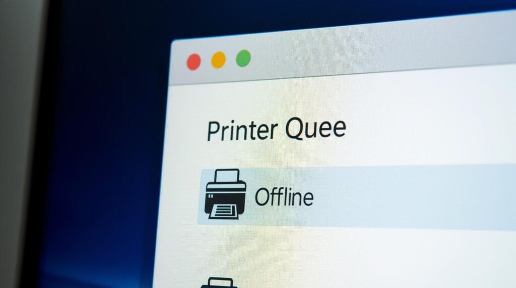 Printer Queue window showing offline status in Windows 10/11