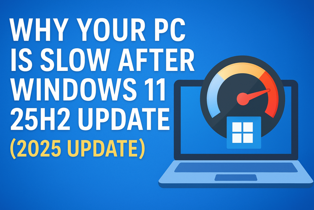 Windows 11 25H2 PC with icons representing optimization and speed improvement for slow PC fix
