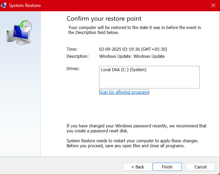 Screenshot of Windows System Restore wizard showing restore point selection in Windows 10