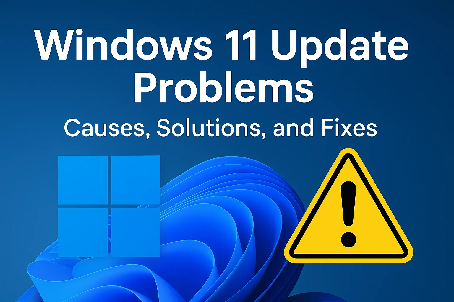 Windows 11 laptop showing update error with tools and repair icons, representing Windows 11 Update Problems 2025 and their fixes.
